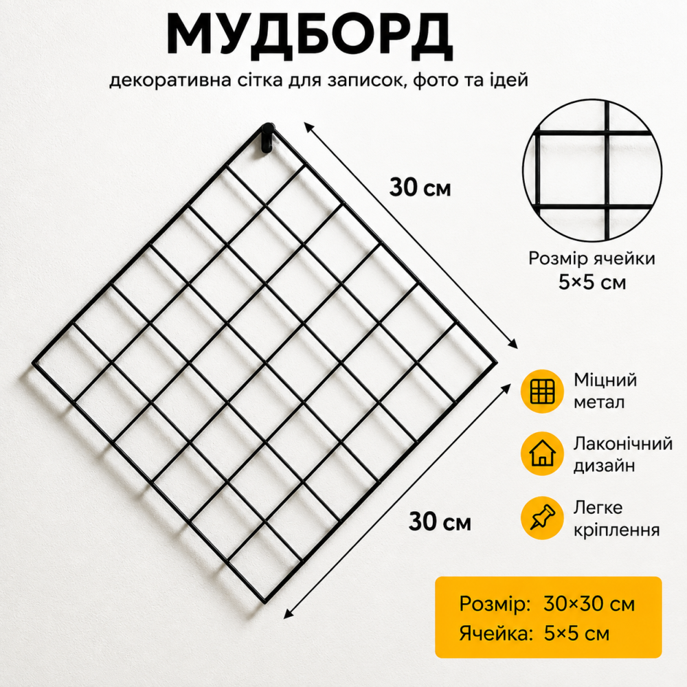 Металева декоративна сітка мудборд 30х30 см яч 5*5 см  для приміщень на стіну
