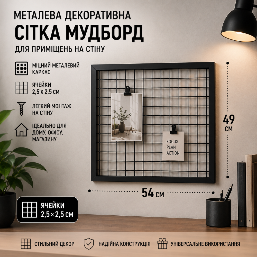 Металева сітка-мудборд 54×49 см — настінний органайзер, осередок 2,5×2,5 см