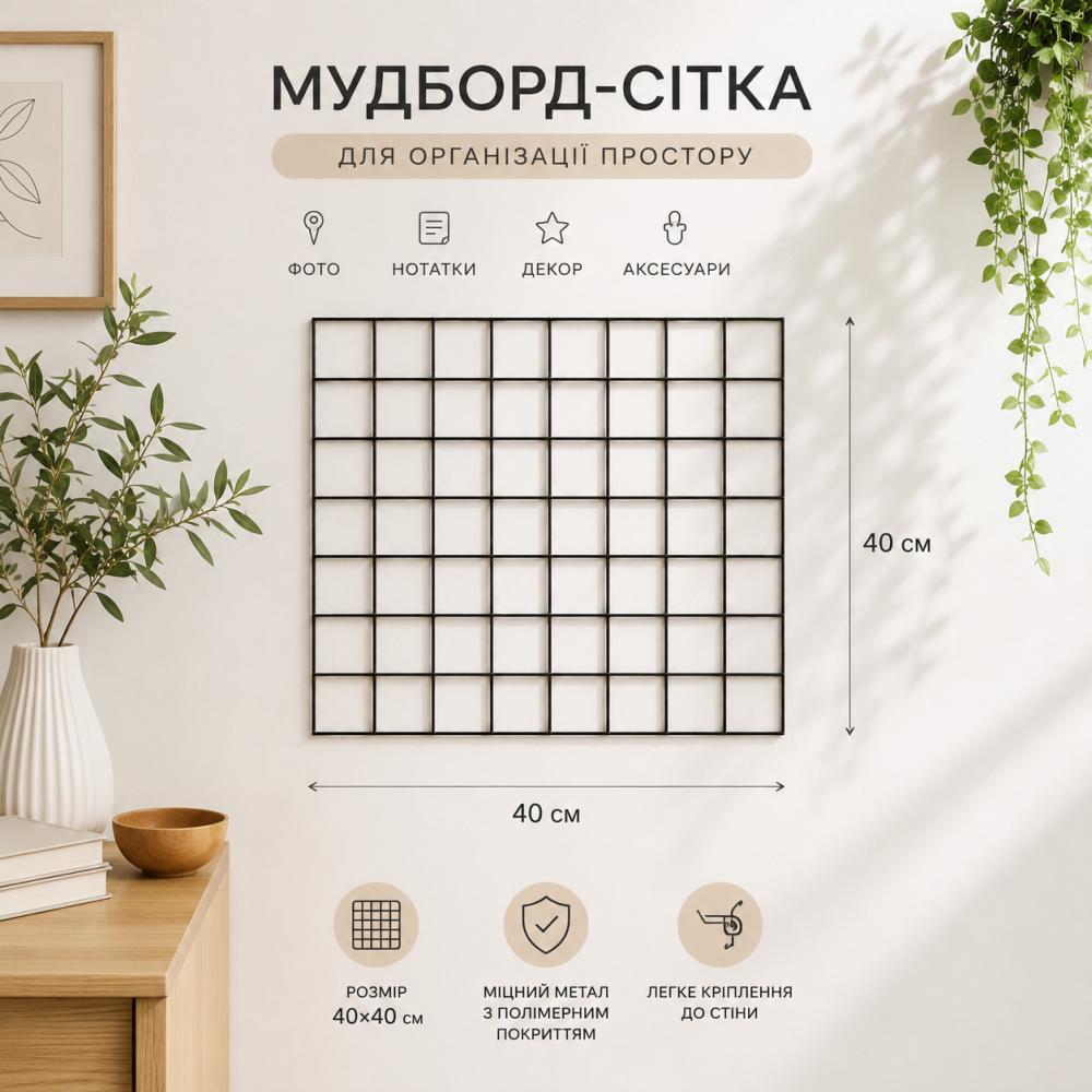 Металлическая декоративная Черная сетка мудборд 40х40 см яч 5*5 см для помещений на стену