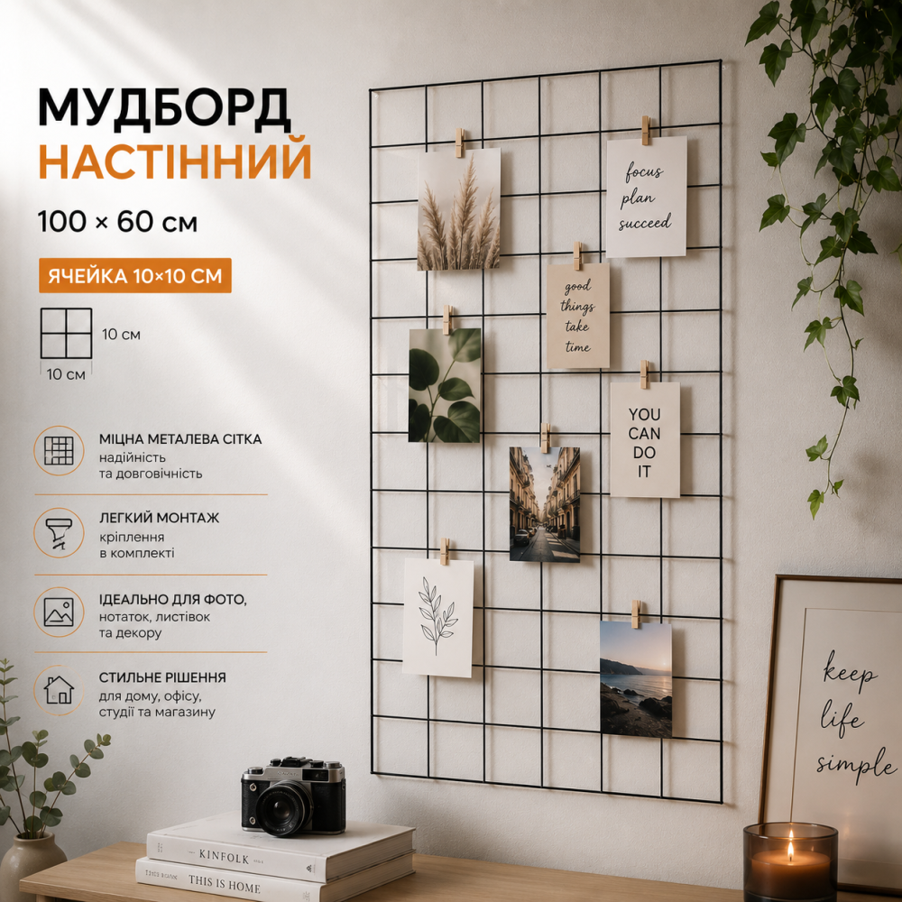 Металлическая декоративная Черная сетка мудборд 100х60 см яч 10*10 см для помещений на стену