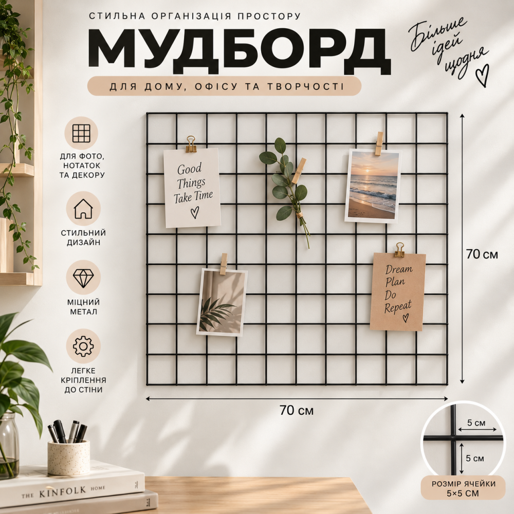 Металлическая декоративная Черная сетка мудборд 70х70 см яч 5*5 см для помещений на стену